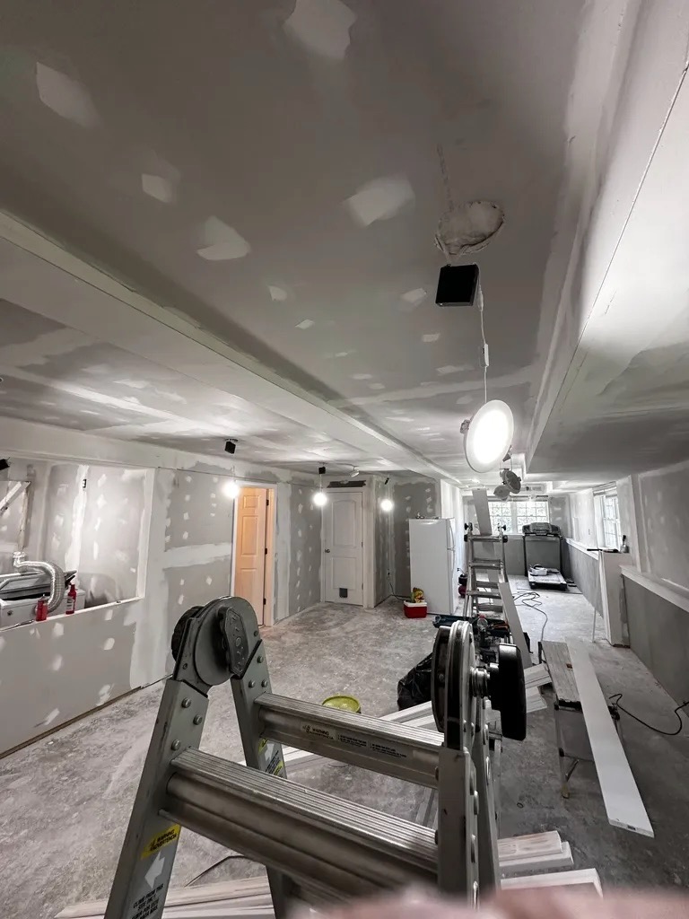 Drywall — coffered ceiling framed, long room view