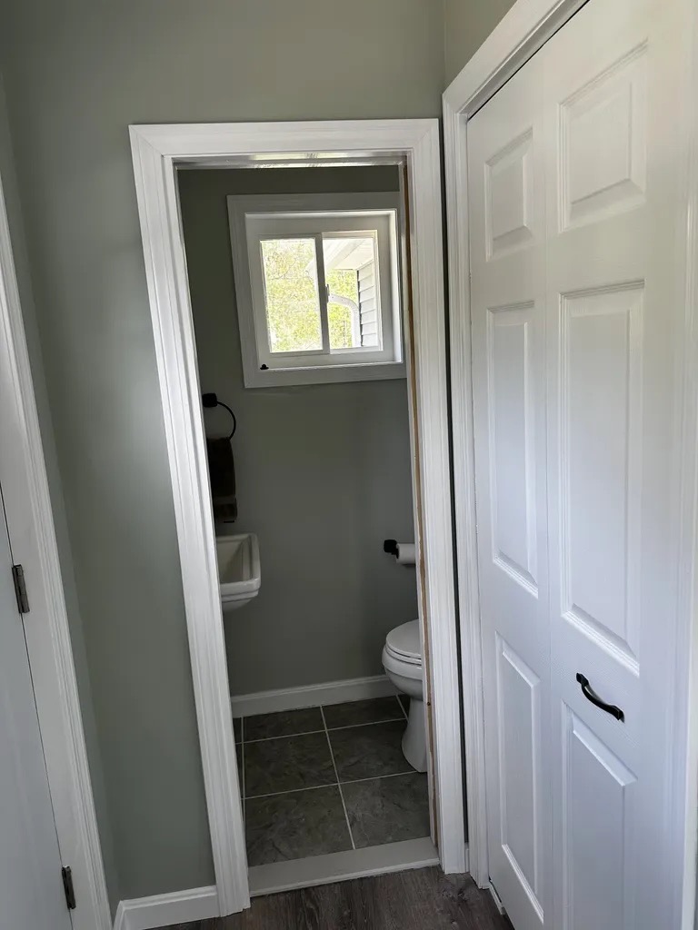 Half bath remodel — pedestal sink and grey tile