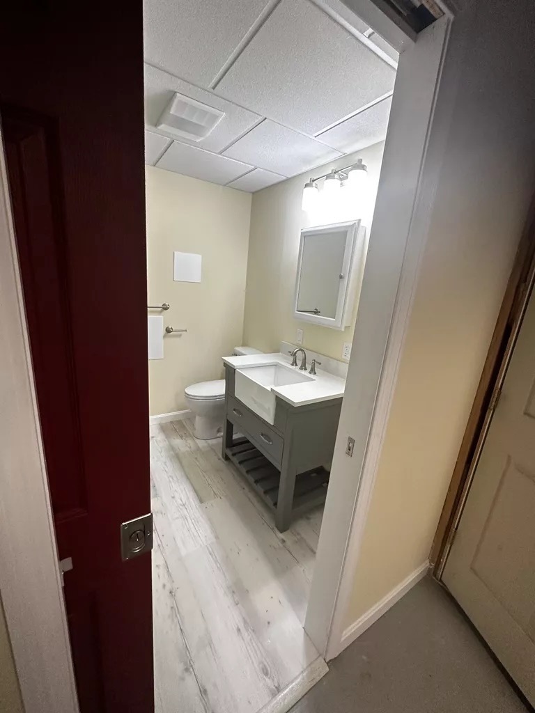 Finished bathroom — vanity and drop ceiling