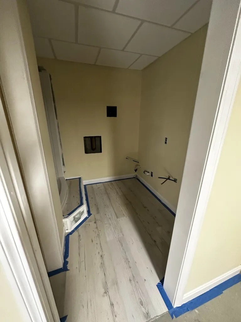 Bathroom — drop ceiling and flooring in progress