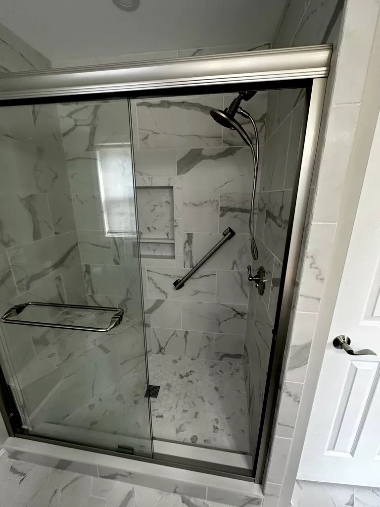 Marble tile master bath — shower enclosure